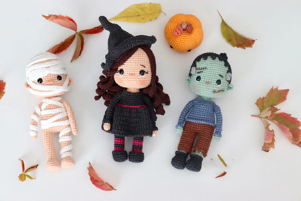 Halloween Pack Witch,Mummy and Frankenstein Amigurimi Pattern