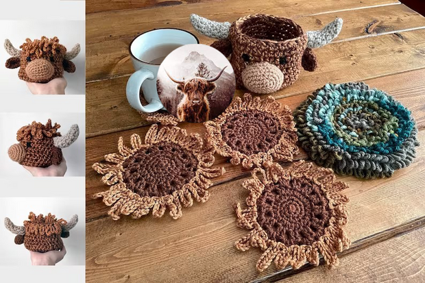 Crochet Highland Cow Head Coaster Set