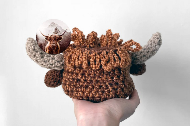 Crochet Highland Cow Head Coaster Set