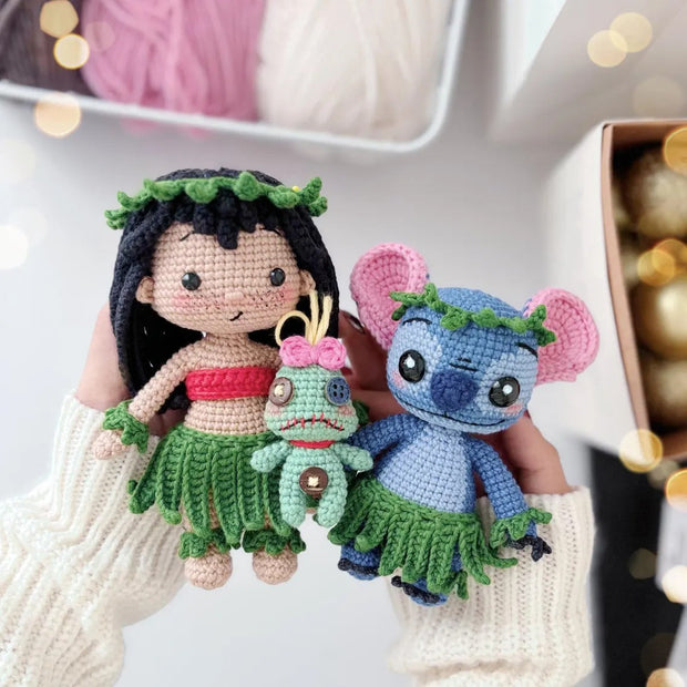 Hawaii girl doll and blue monster crochet pattern